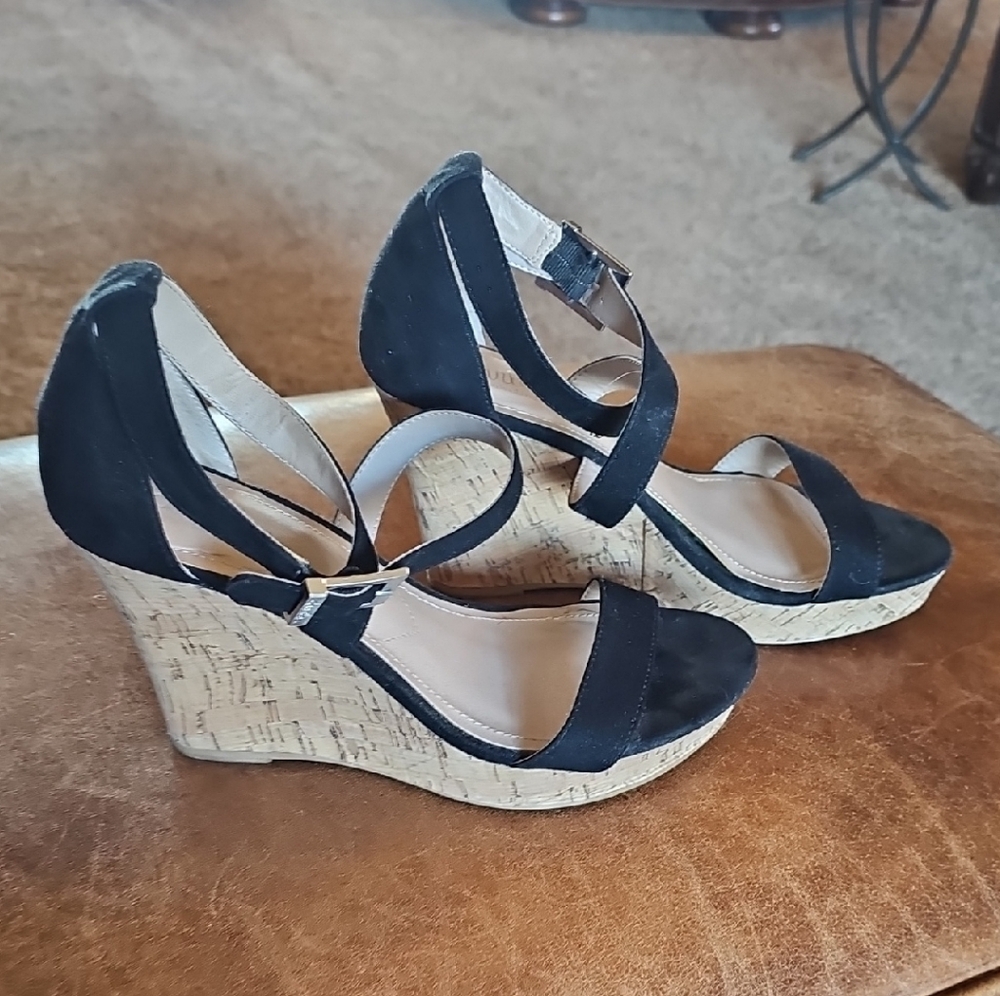 Charles David Black Suede Cork Wedge Sandals
